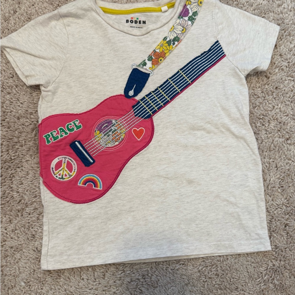 Boden Kids Peace Guitar T-Shirt - Cream and Pink